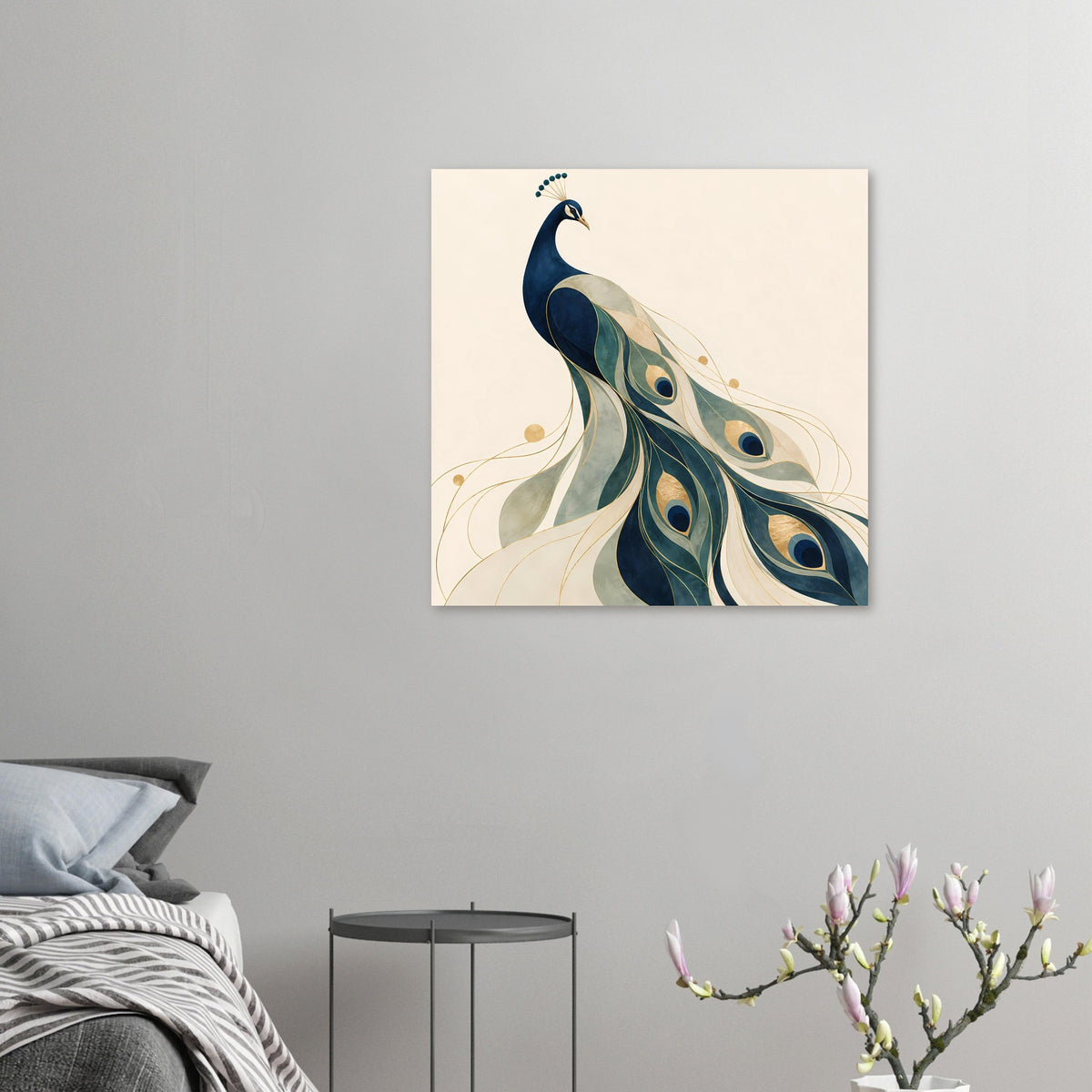 Pfauenporträt-Poster mit blauem Pfau und grünen Augenfedern, reduzierte Darstellung