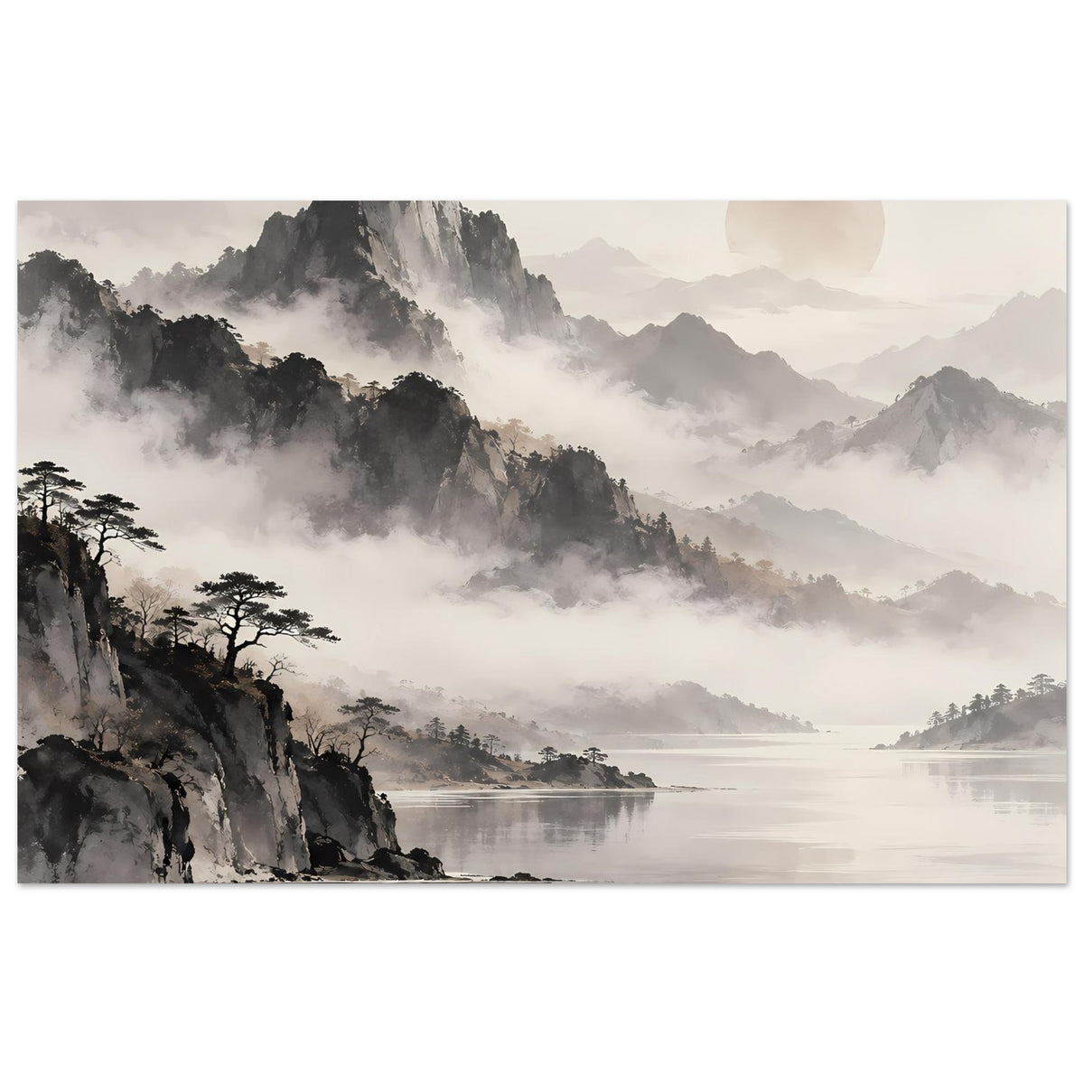 Horizontales Poster mit nebliger Berglandschaft, ruhigem See und großem Mondsymbol