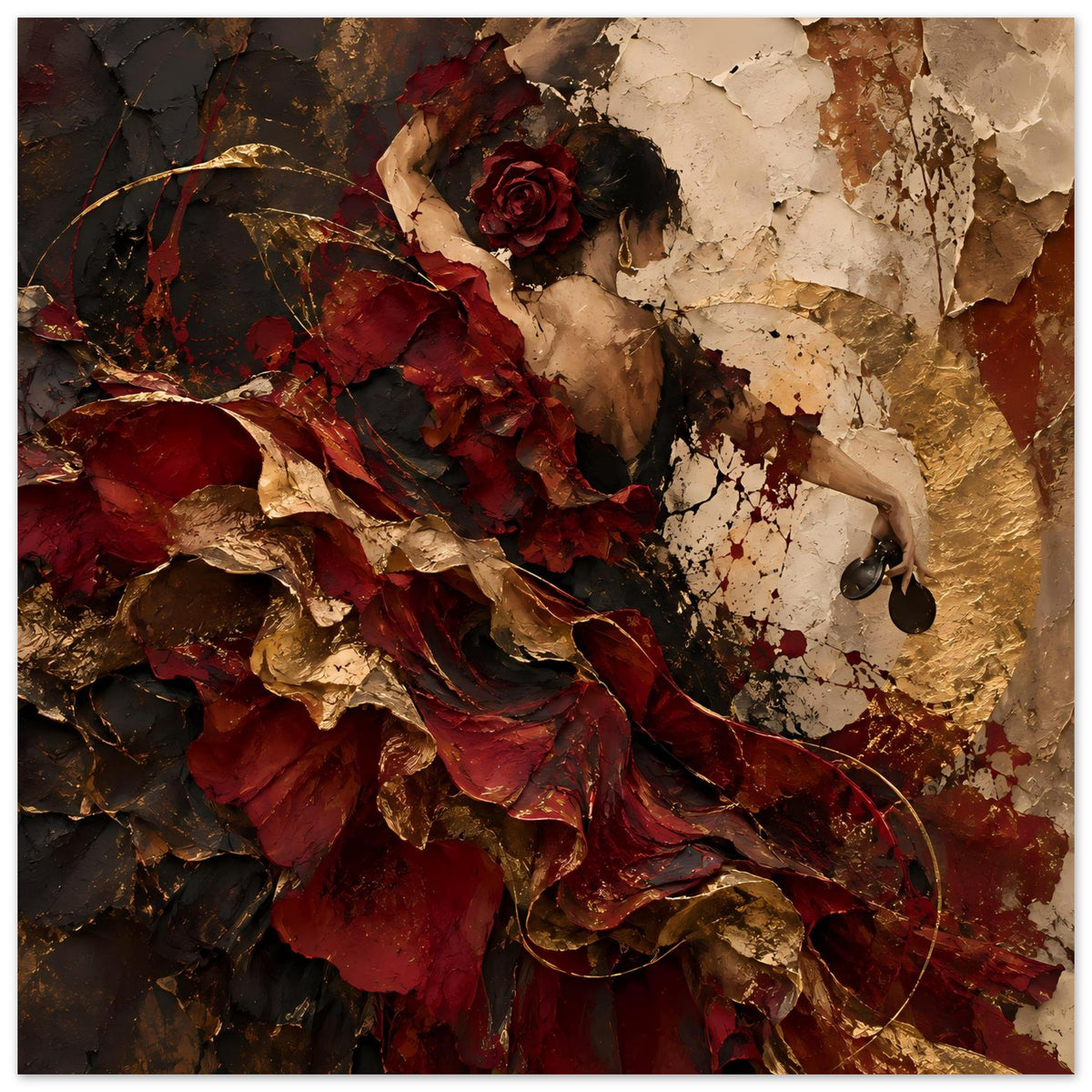 Wandkunst-Poster, Nahansicht: Flamenco-Tänzerin mit roter Blumenrosette, rot-goldenes Gewand
