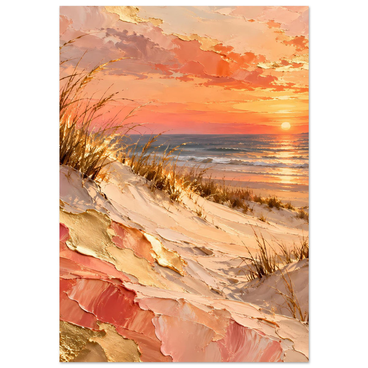 Strandposter mit orangefarbenem Himmel, Sonne über dem Meer und Dünen im Vordergrund