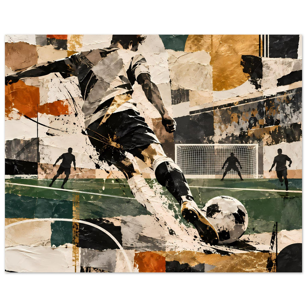 Fußball-Actionposter querformat, abstrakte Texturen in Grün, Gold und Schwarz mit Ball