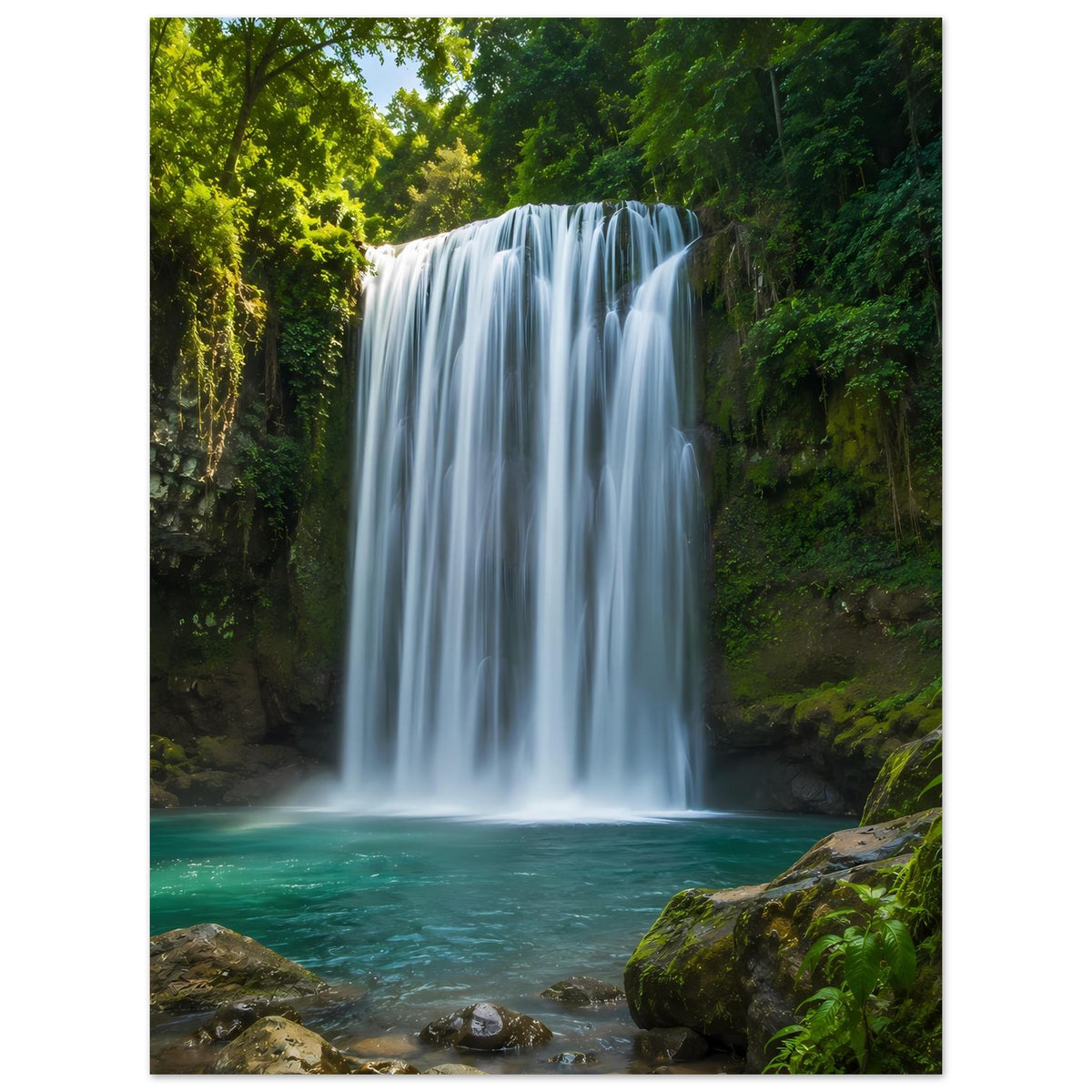 Poster mit Wasserfall und türkisfarbenem Wasser, flankiert von grüner Ufervegetation
