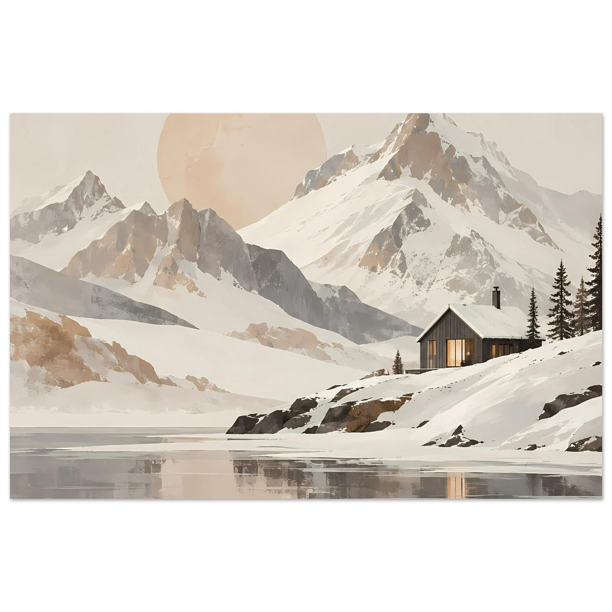 Poster mit Berggipfeln und Chalet im Schnee, ruhige Neutraltöne, Panorama