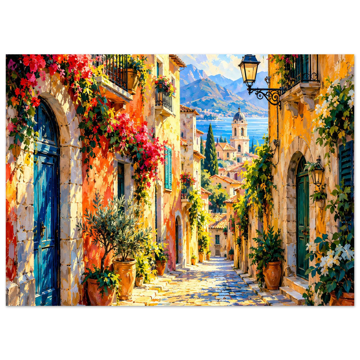 Poster mediterrane Gasse mit blauer Tür, Blumenkübeln und fernen Kirchturm