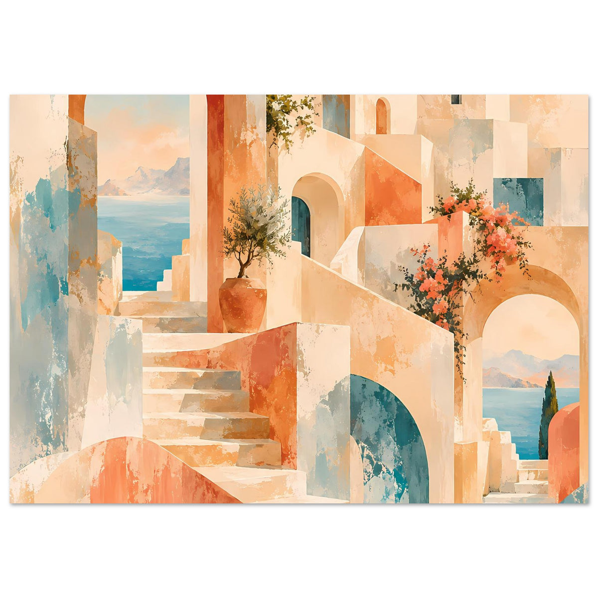 Mediterranes Traum-Landschaftsposter: Treppenstufen, dunkles Torbogen-Detail und Blumenornament