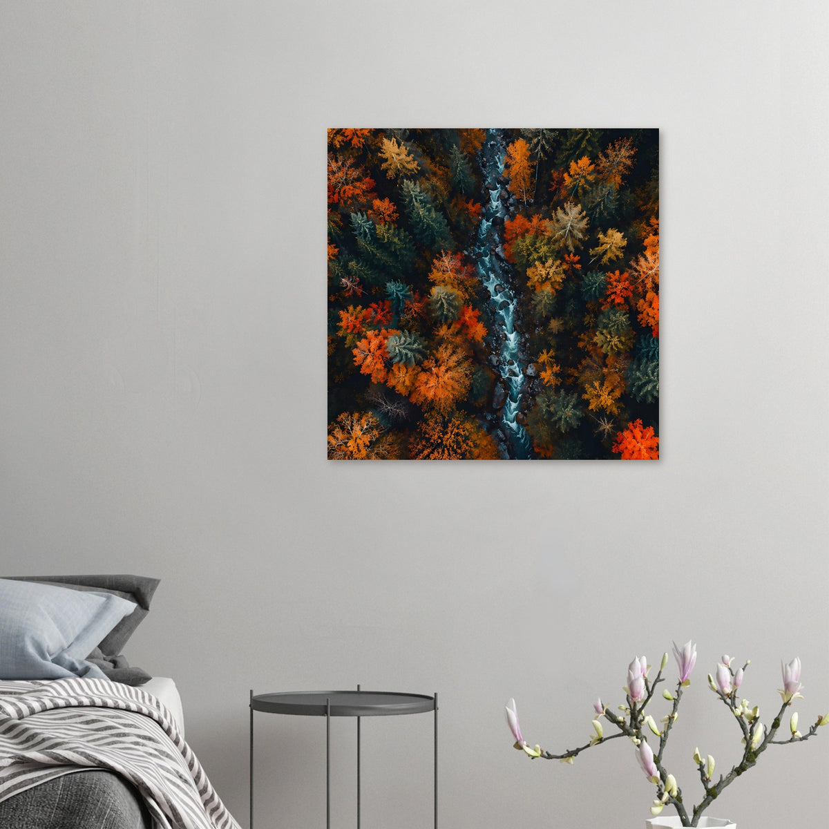 Wanddekor: kleines Herbstwald-Poster mit blauem Fluss und orangefarbenen Baumkronen