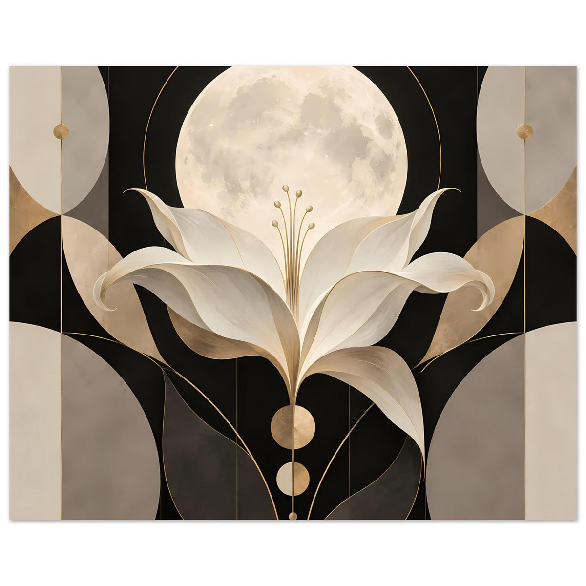 Art-déco-Poster mit cremefarbener Lilie, Mond und Golddetails