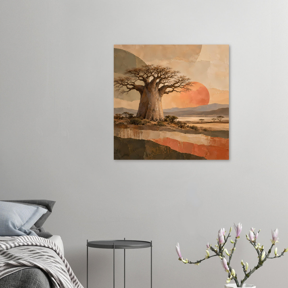 Baobab-Naturposter, klein an der Wand: Baumkrone und orangefarbener Sonnenkreis