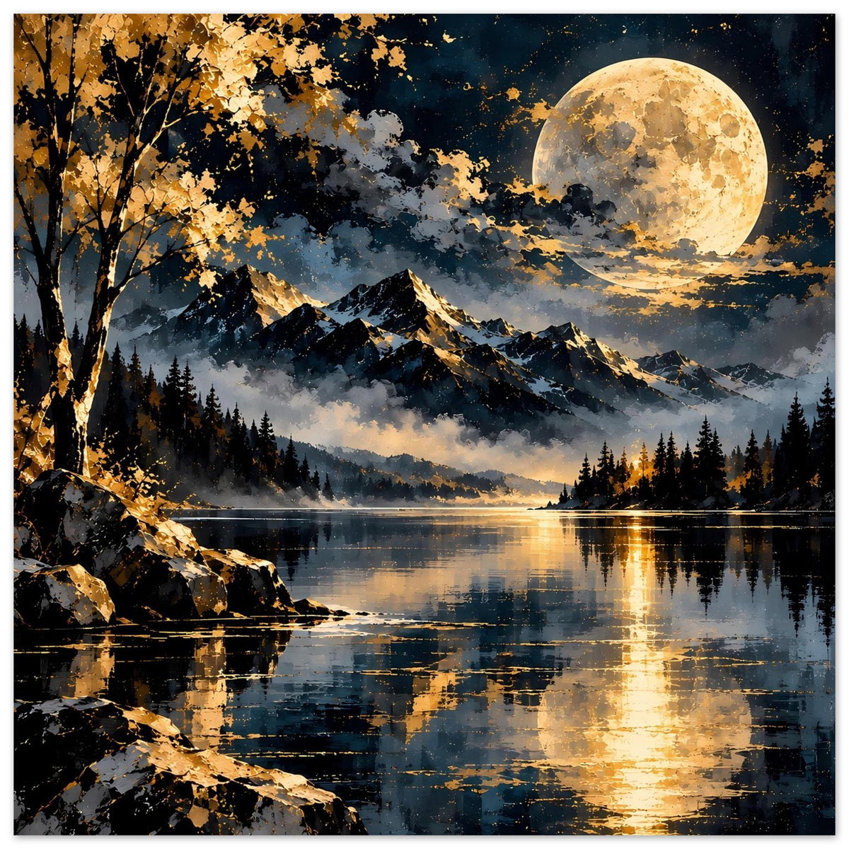Landschaftsposter mit Vollmond über Bergsee, Bergkette, goldenen Bäumen und spiegelndem Wasser.