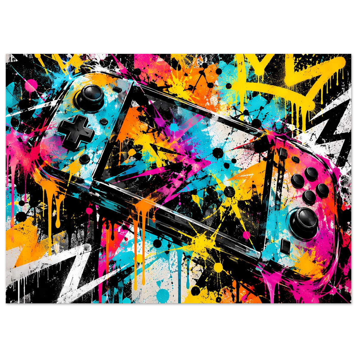 Graffiti-Gaming-Poster mit bunten Farbexplosionen und zwei Controller-Elementen, horizontal