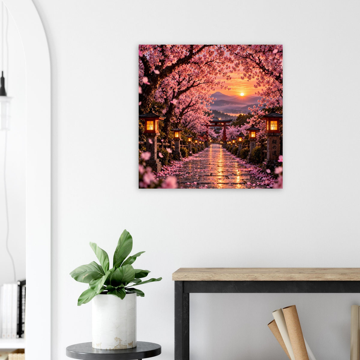 Quadratisches Poster mit Kirschblütenbäumen und Sonnenuntergang über einem Weg