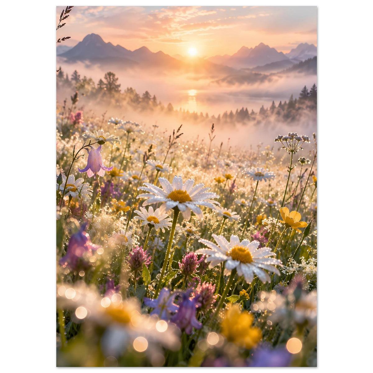 Blumenwiesen-Poster mit Gänseblümchen, bunten Wildblumen und Sonnenaufgang im Nebel.