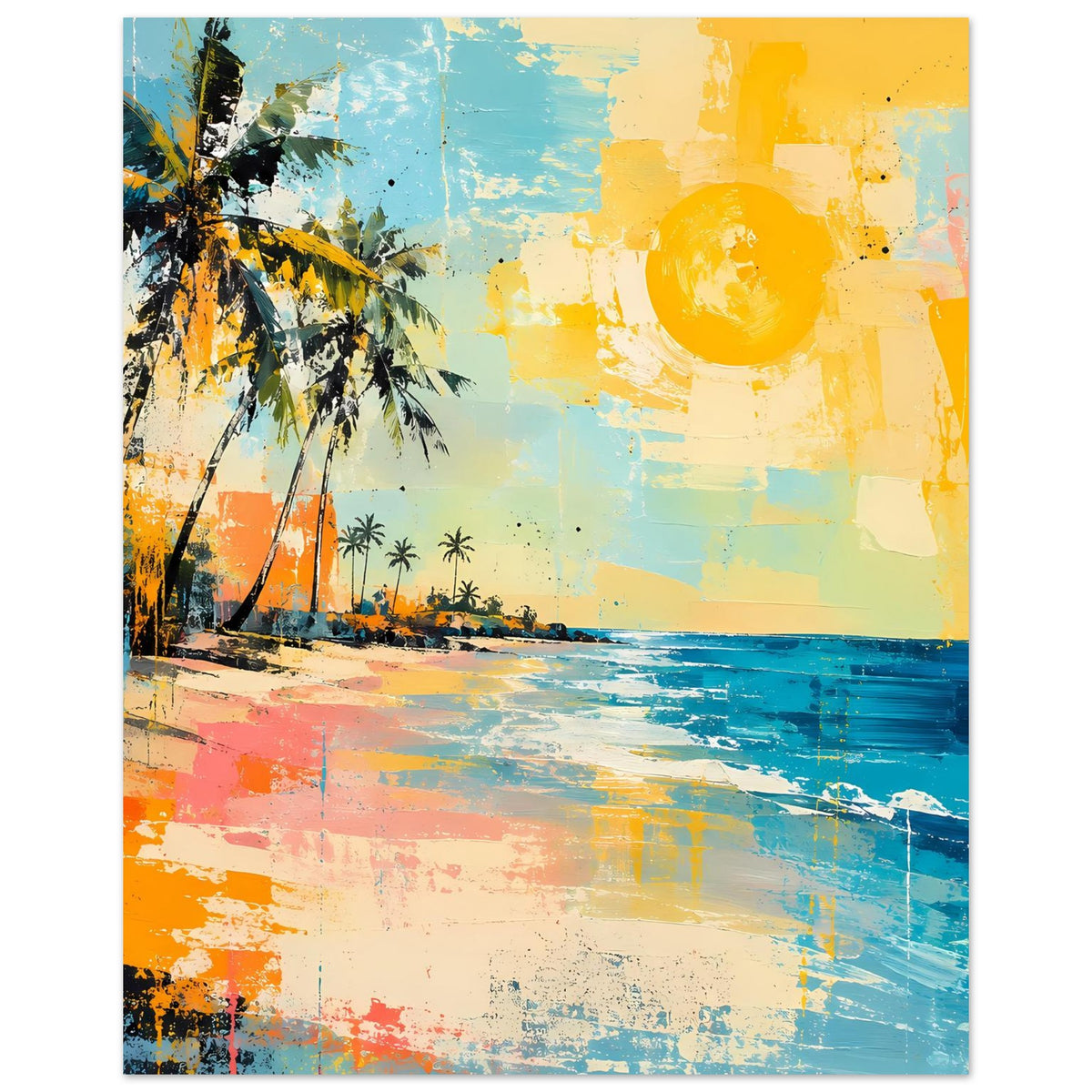 Hochformatiges Beach-Poster mit Palmen, blauem Meer und gelber Sonne im abstrakten Farblook
