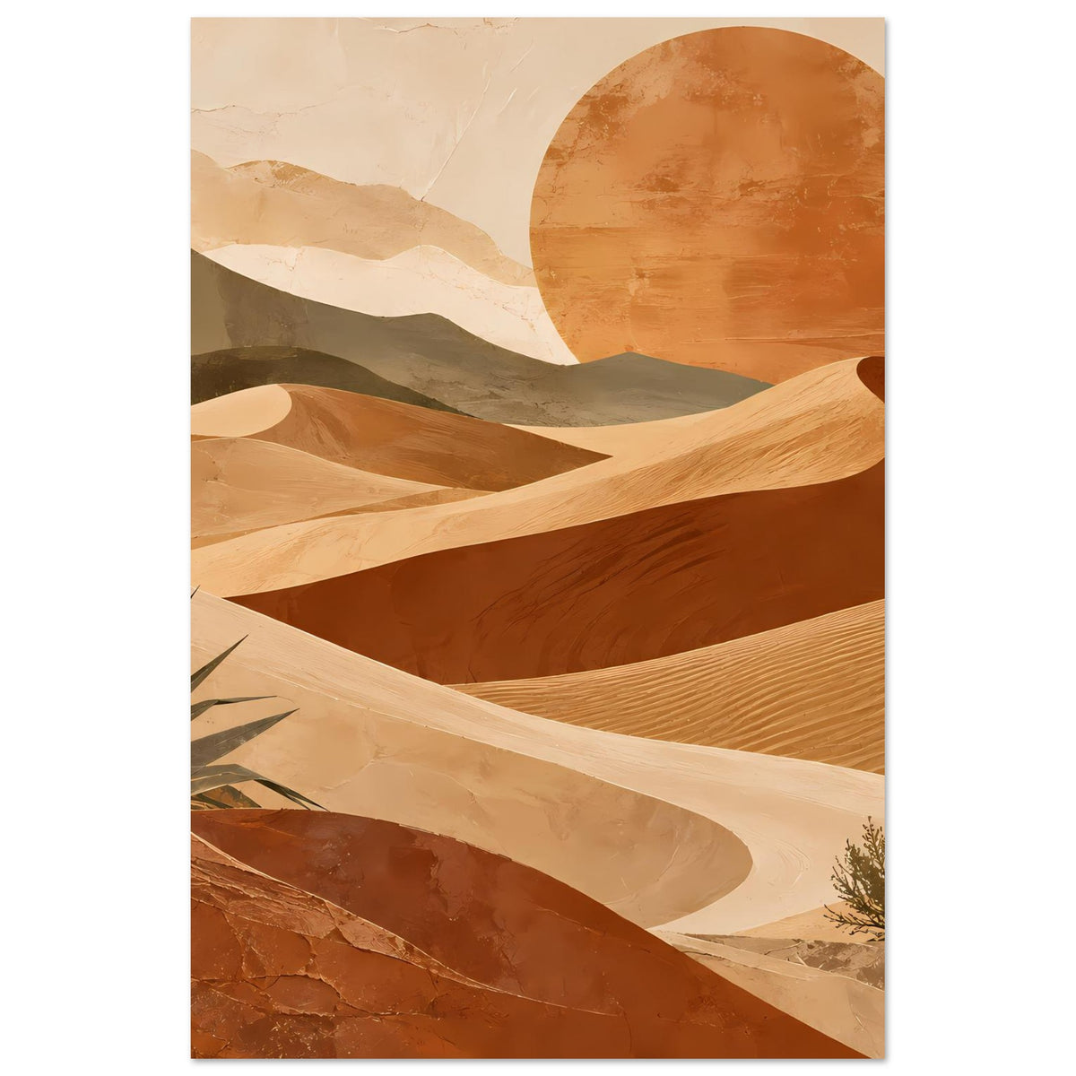 Poster mit Wüstenlandschaft: Kreis-Sonne, helle Sandrücken und dunkle Senken