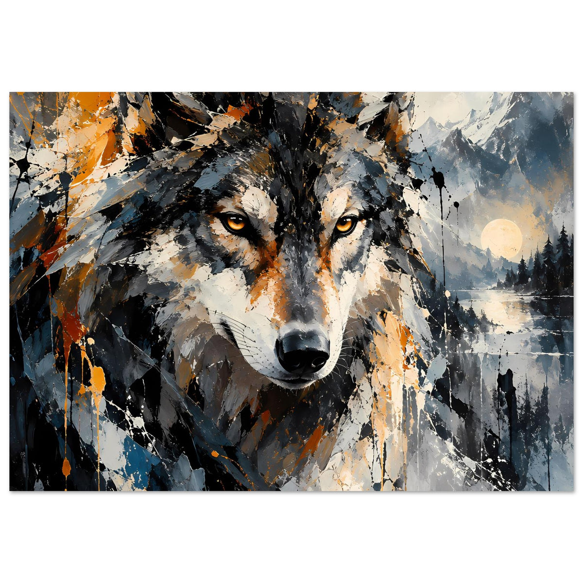Wolf-Kunstposter mit abstraktem Portrait, orange-graue Farbspritzer, blick nach vorn