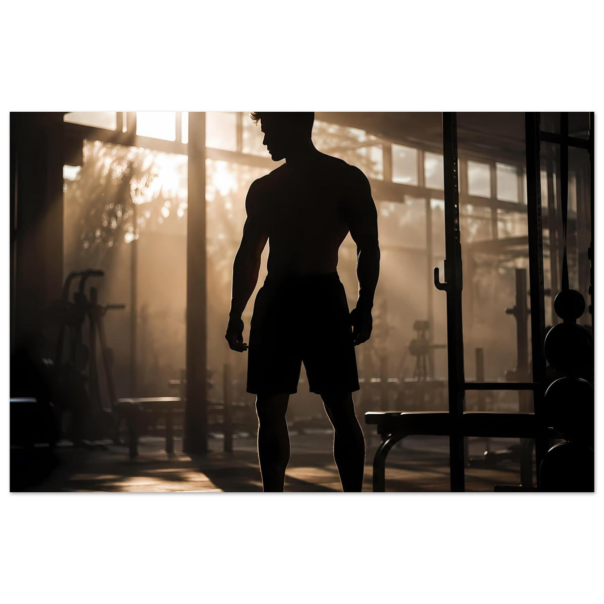 Fitness-Poster mit dunkler Silhouette eines Sportlers in Shorts, frontal von vorn