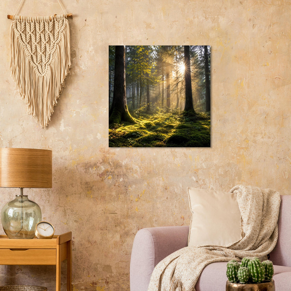 Quadratisches Poster mit Waldlichtung, warmen Sonnenstrahlen und grünem Moos