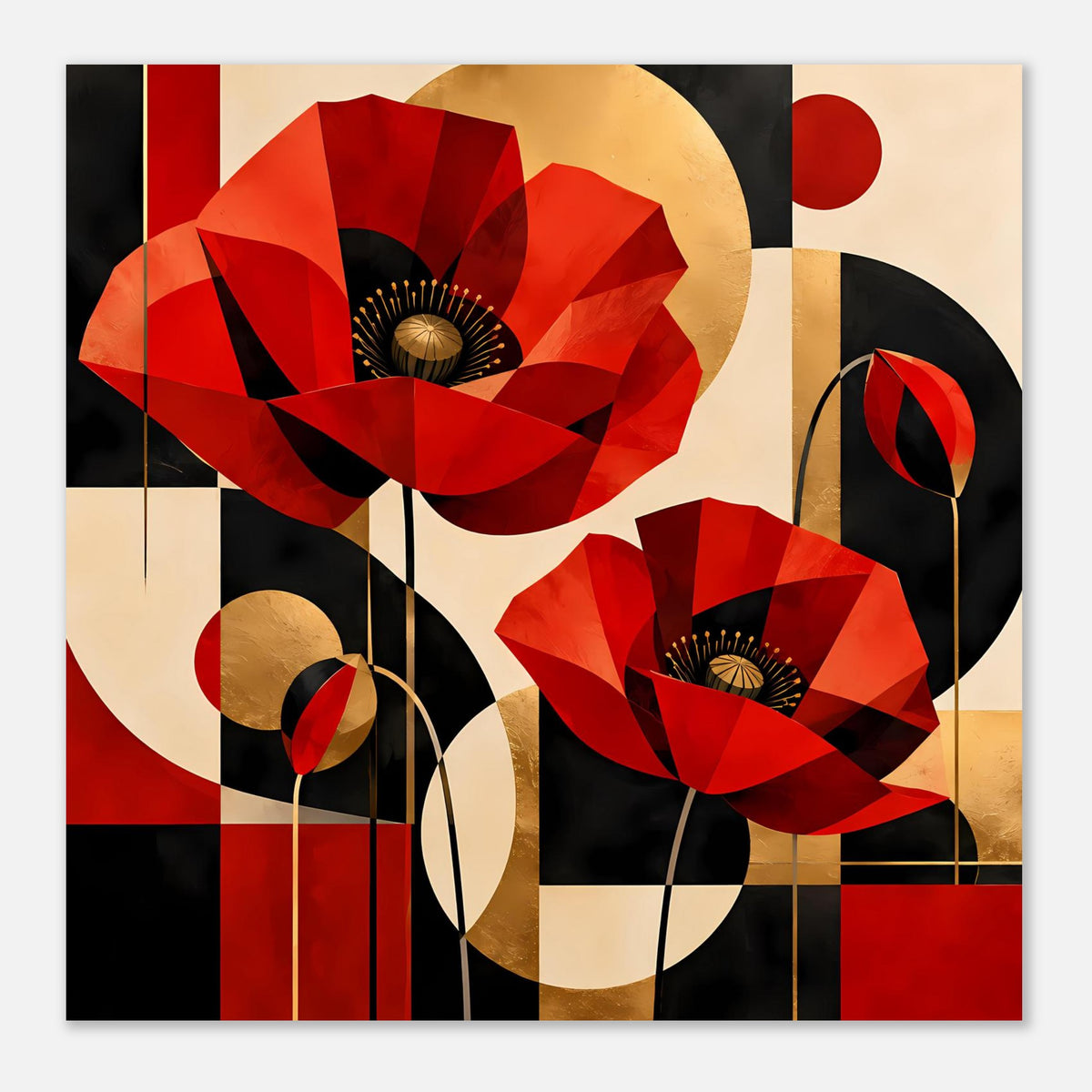 Kunstposter mit roten Mohnblumen, goldenen Kreisformen und schwarzen Elementen im Raster.