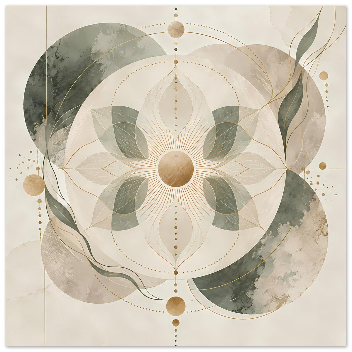 Mandala-Poster mit rundem Lotus-Motiv in Beige, Grün und Goldlinien