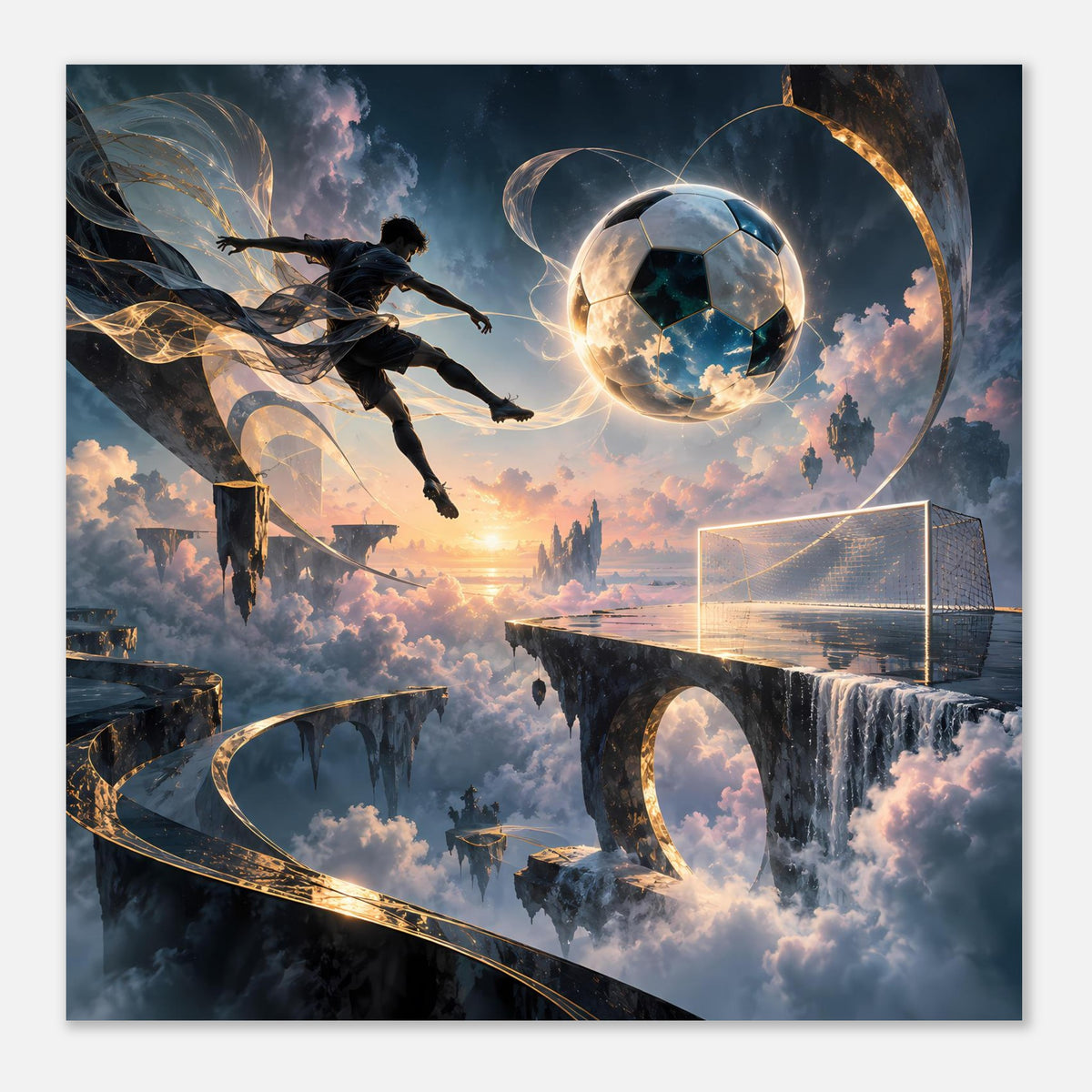 Quadratisches Fußball-Poster mit schwebendem Ball, springendem Spieler, Torrahmen und Fantasy-Wolken.