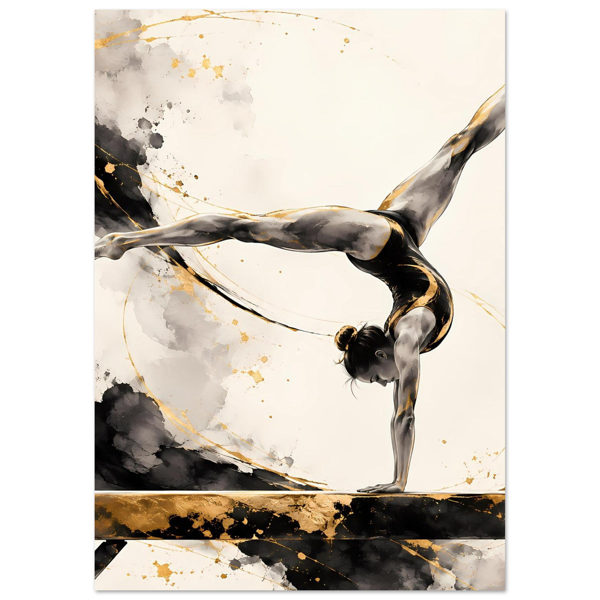 Gymnastikposter: Turnerin im Handstand, schwarz und gold, goldene Linien und Flecken