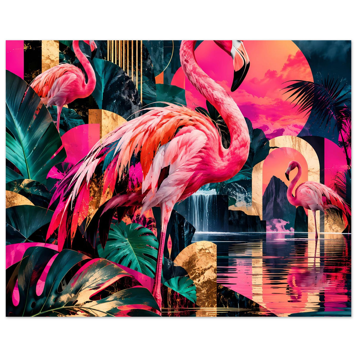 Breites Poster mit Flamingo-Motiv, tropischen Blättern und leuchtendem Farbverlauf