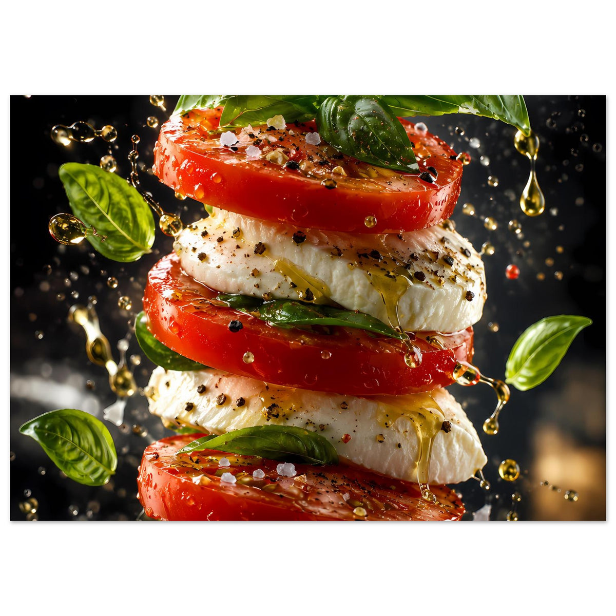 Küchenposter mit Nahaufnahme gestapelter Tomaten und Mozzarella mit Basilikum