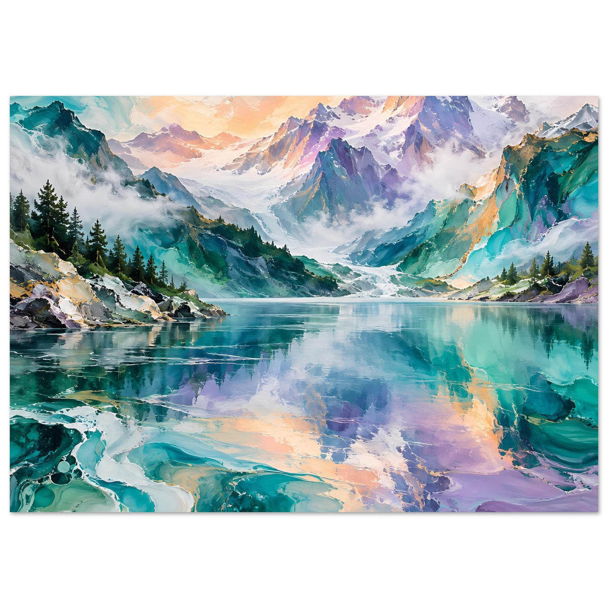 Horizontales Poster mit Berglandschaft: türkisfarbener Fluss, violette Berge im Rahmen