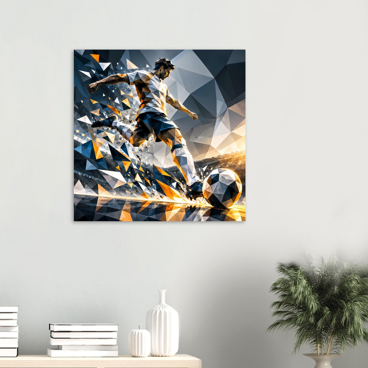 Quadratisches Fußballposter mit laufendem Spieler und Ball, Blau-Orange-Geometrie