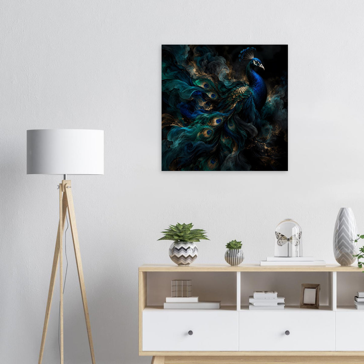 Quadratisches Kunstposter mit Pfau-Motiv in Blaugrün, goldenen Akzenten