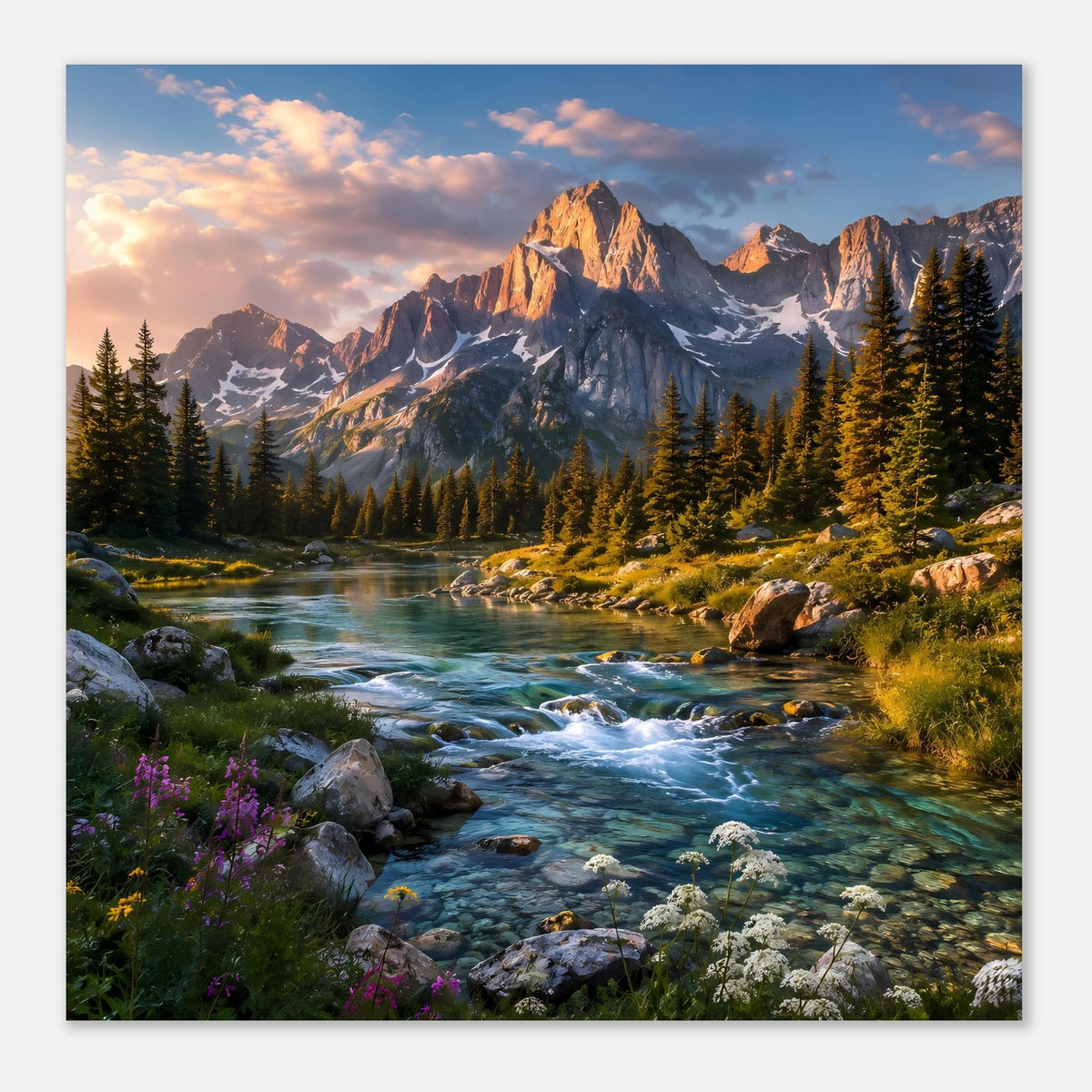 Landschaftsposter mit Fluss, Felsen, Tannen und Berggipfeln im Abendhimmel