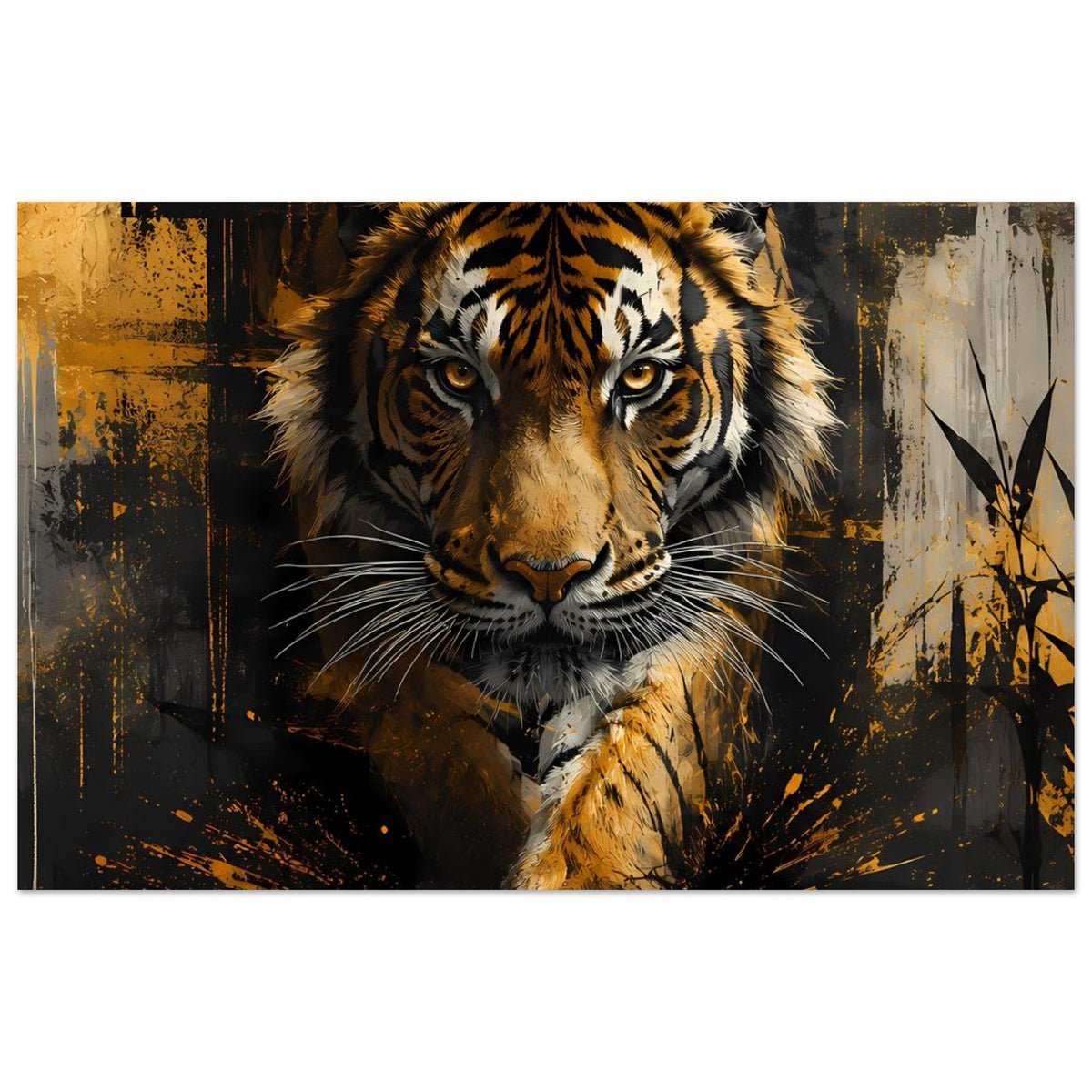 Tigerposter im Querformat: großes Tigerporträt, goldbraunes Fell, dunkle Streifen
