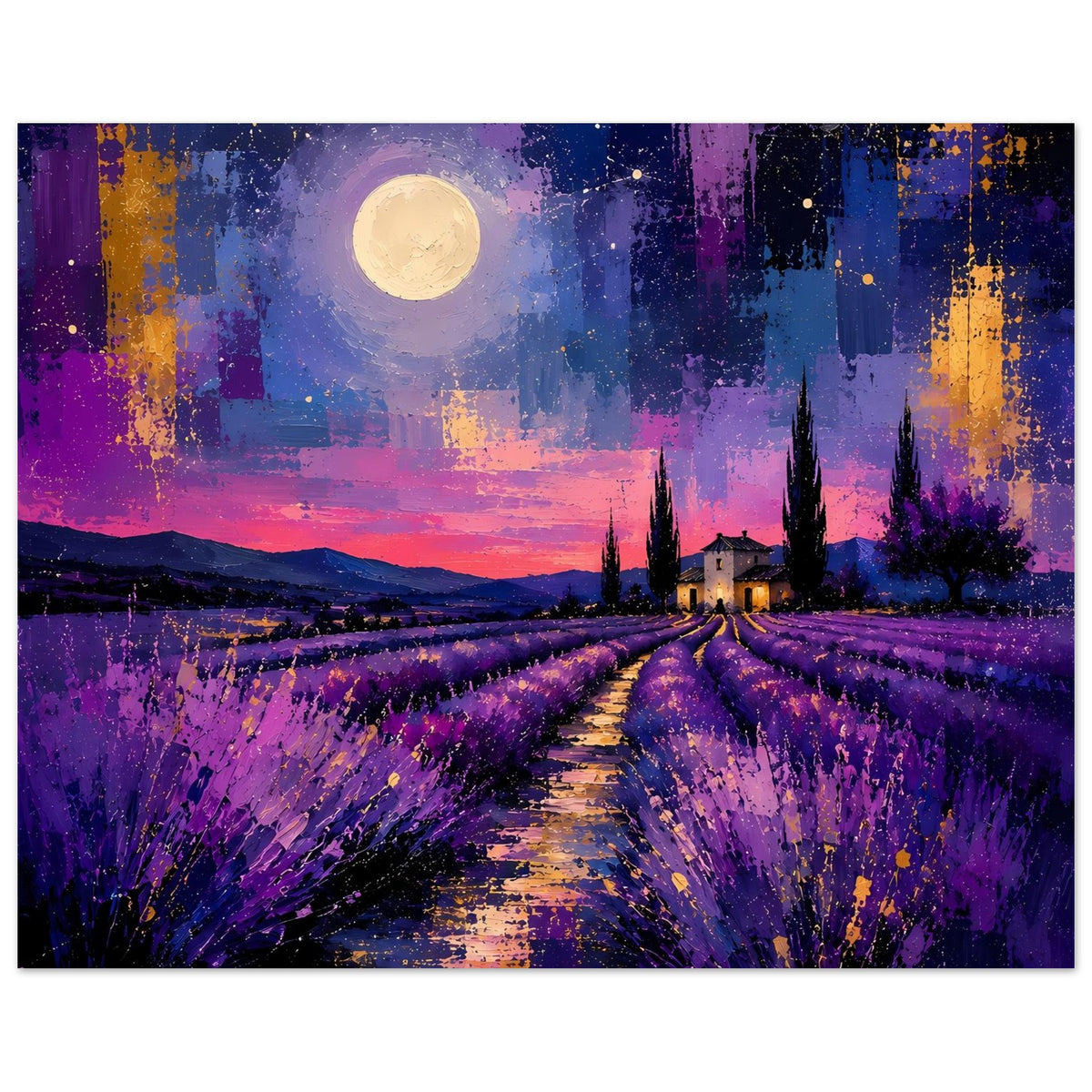 Poster mit Lavendelfeldweg, violette Blütenreihen, goldener Mond über Zypressen und Landschaft