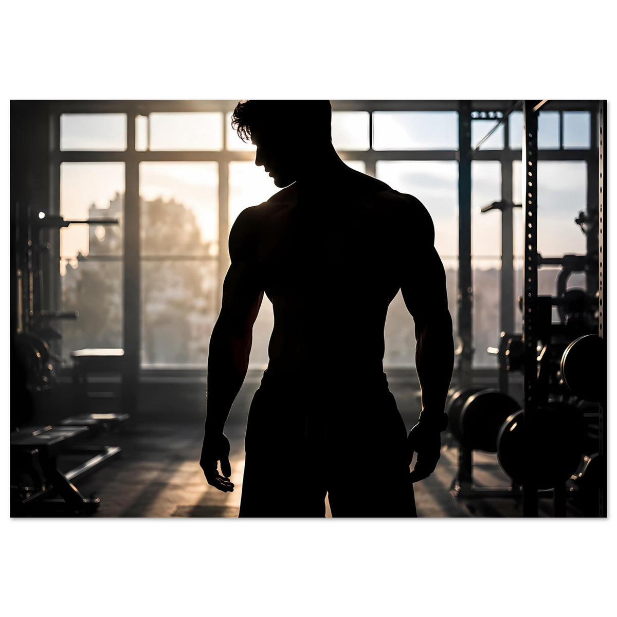 Fitness-Poster mit männlicher Silhouette, Ganzkörperansicht im dunklen Kontrast