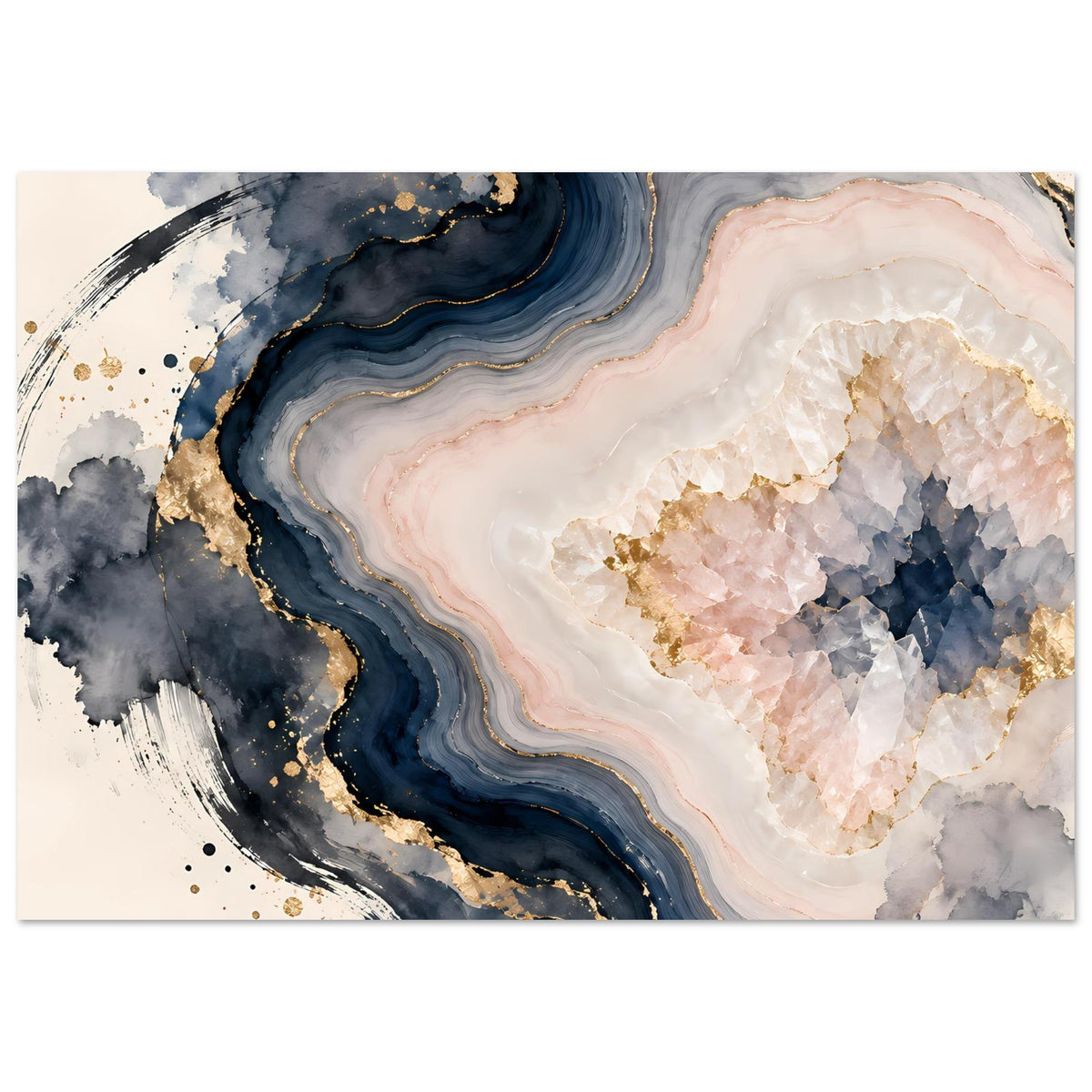 Abstraktes Geoden-Poster in Rosé, Blau und Gold, horizontal