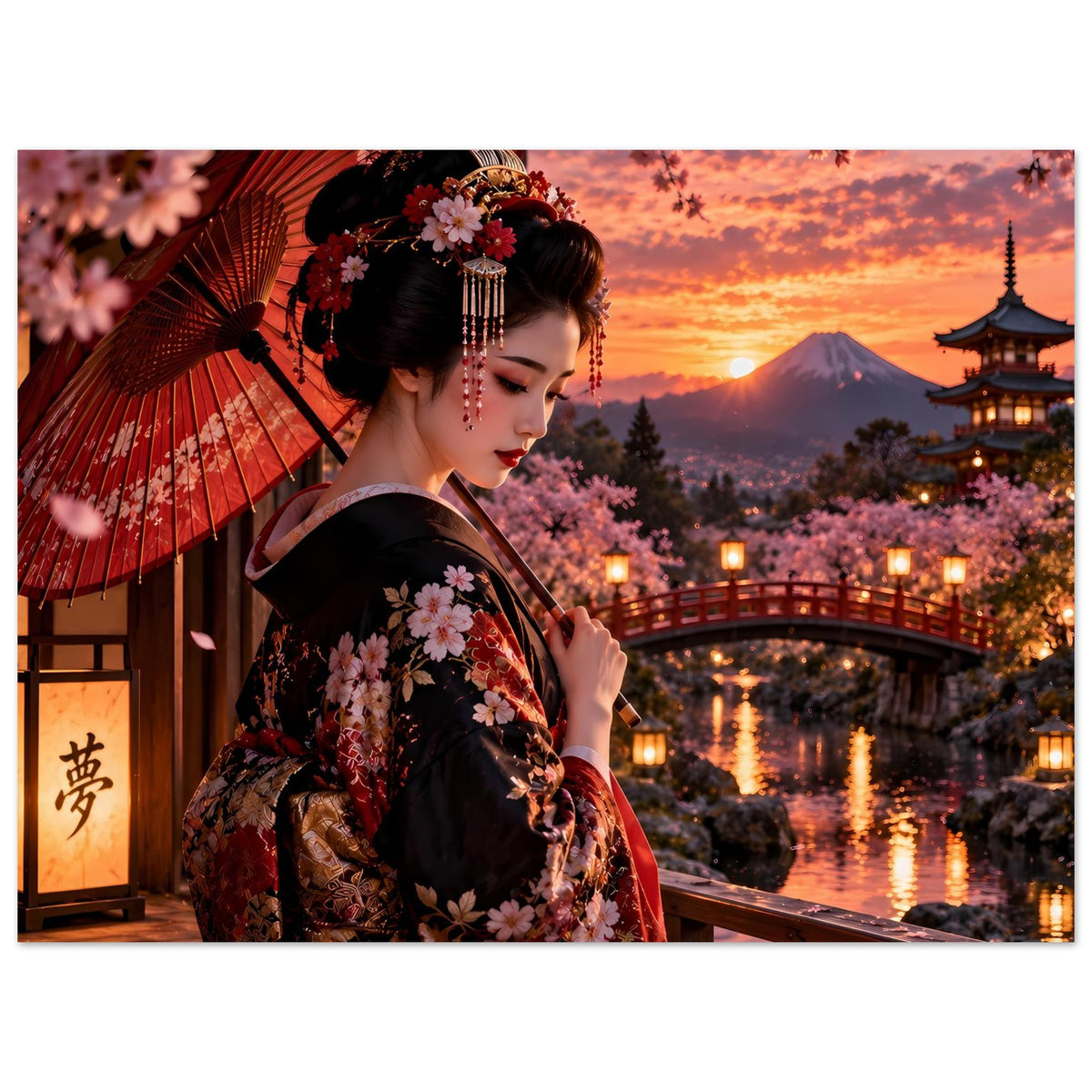 Poster mit japanischer Frau im Kimono, roter Schirm und Tafel links, Sonnenuntergang