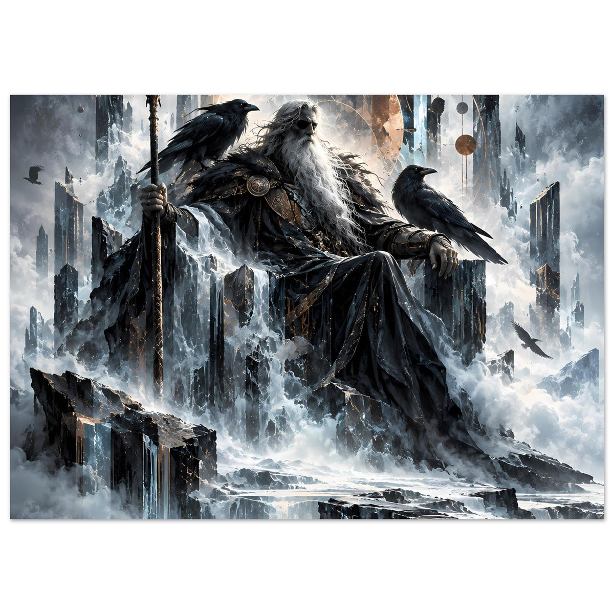Mythologie-Poster: Odin mit Umhang auf dem Thron, Raben neben himmlischem Portal