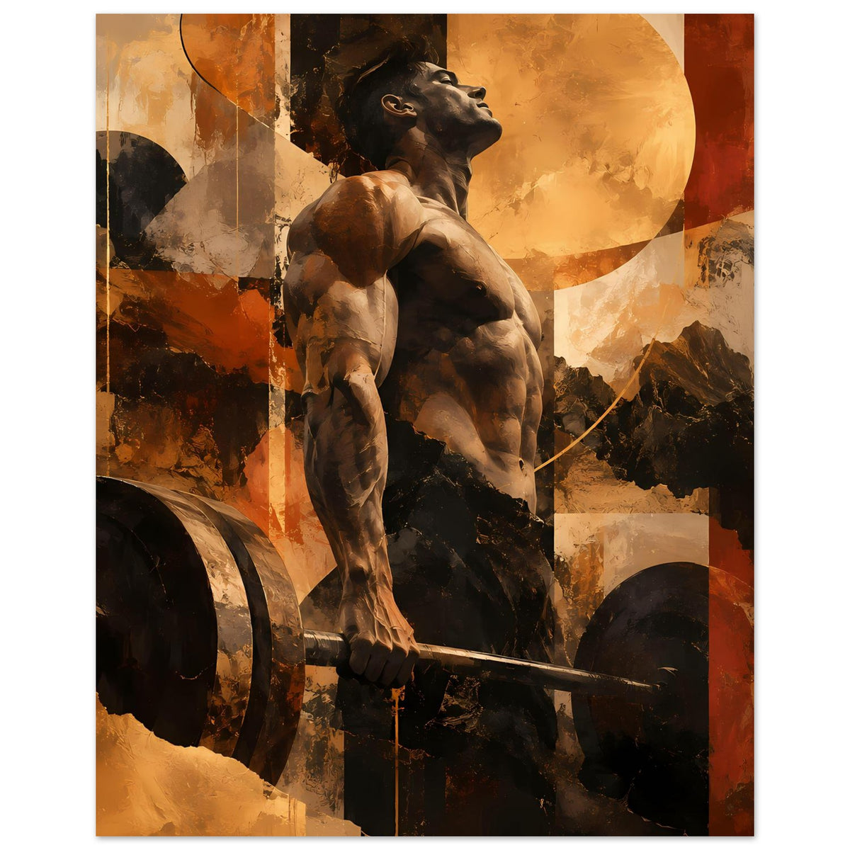 Vertikales Gerahmtes Fitness-Artposter: muskulöser Hund mit Hantelstange in Erdtönen