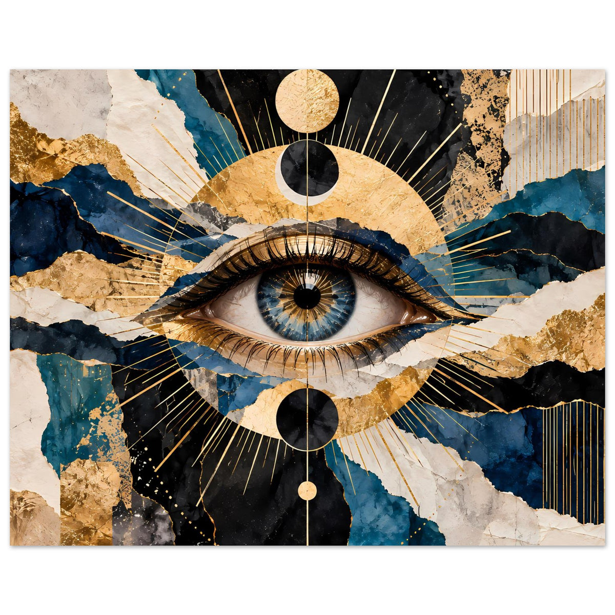 Kunstposter im Querformat mit Auge, dunklem Mittelteil, goldenen Kreisen und vertikalen Streifen