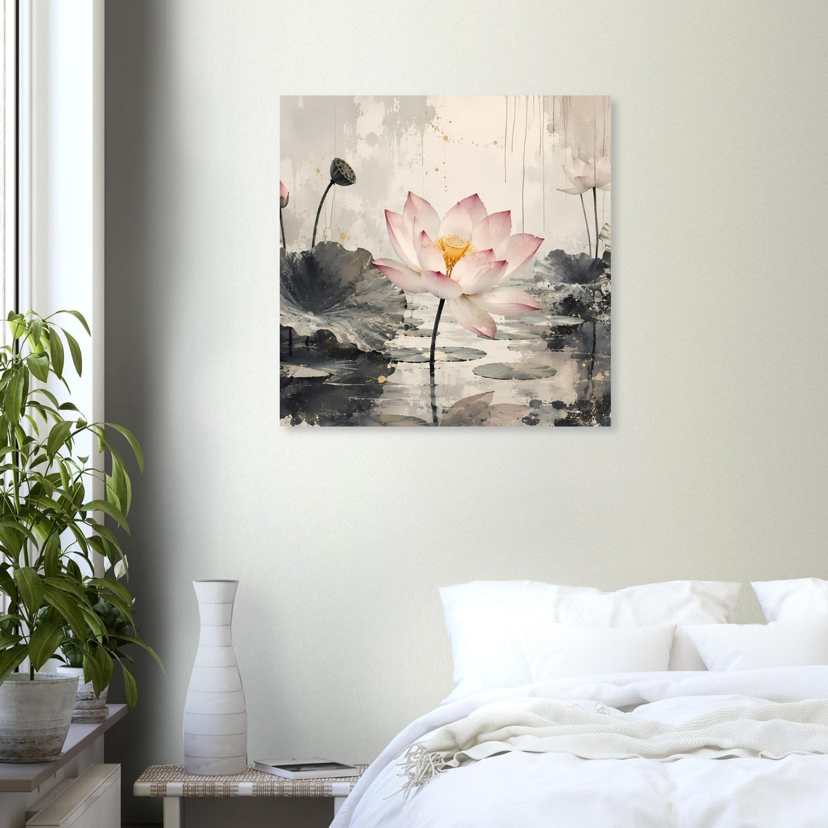 Zen-Poster mit rosa Lotusblüte auf grauem Seerosenteich, ruhige Pastell-Aquarellstruktur