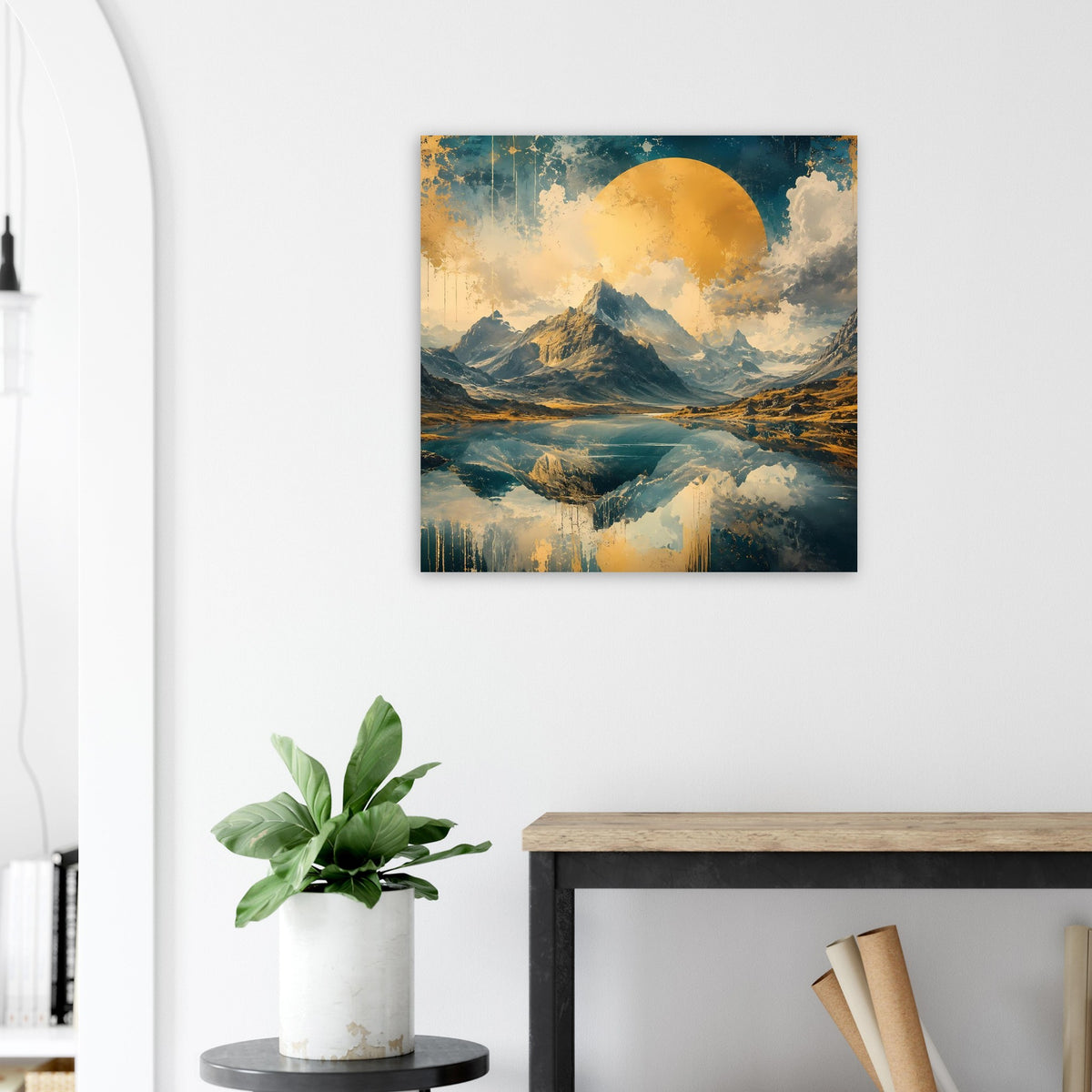 Wandposter Berglandschaft mit Spiegelung, Blau und Gold, rundes Mondmotiv im Himmel