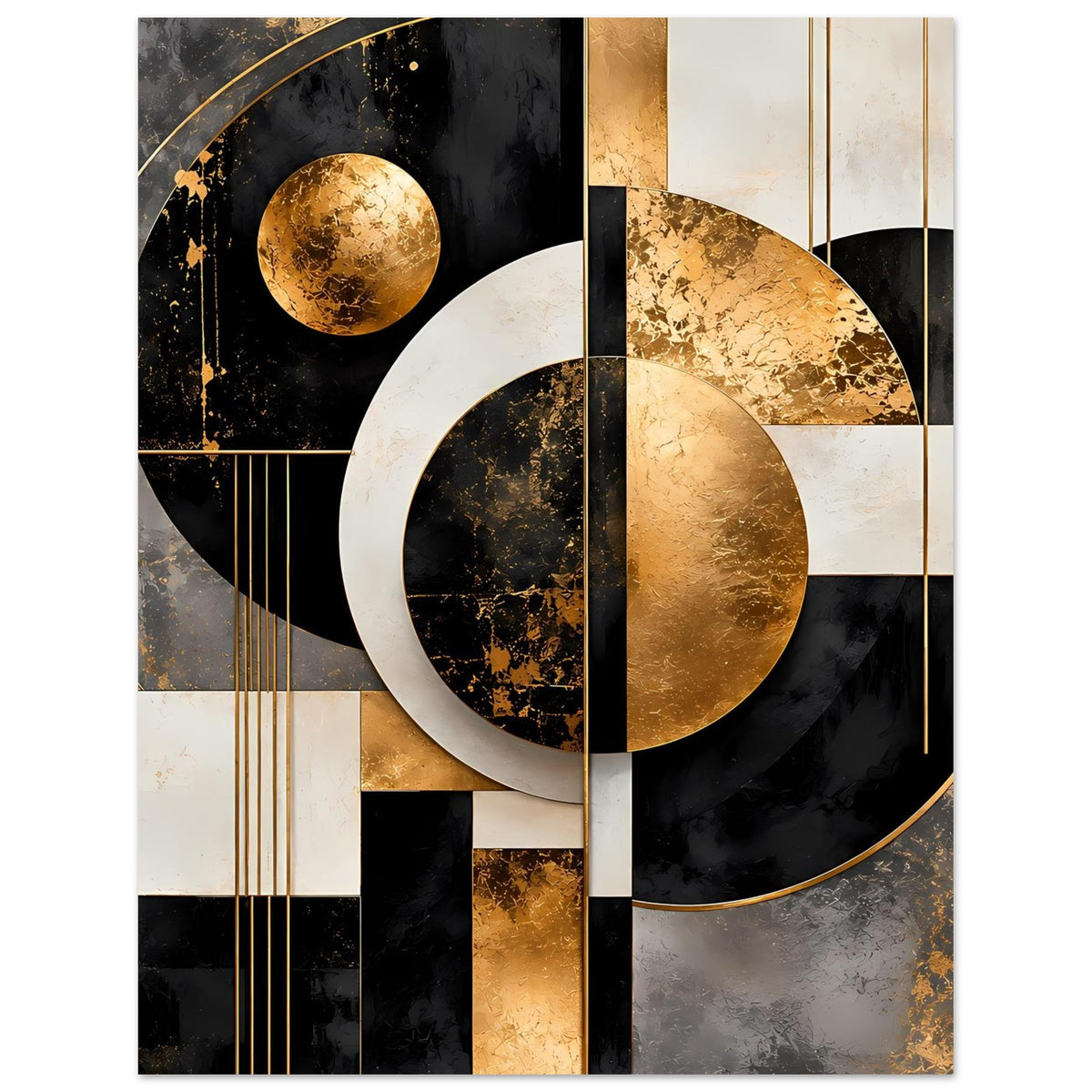 Poster mit goldenen Kreisen und Linien in Schwarz, Weiß und Creme, rechteckig