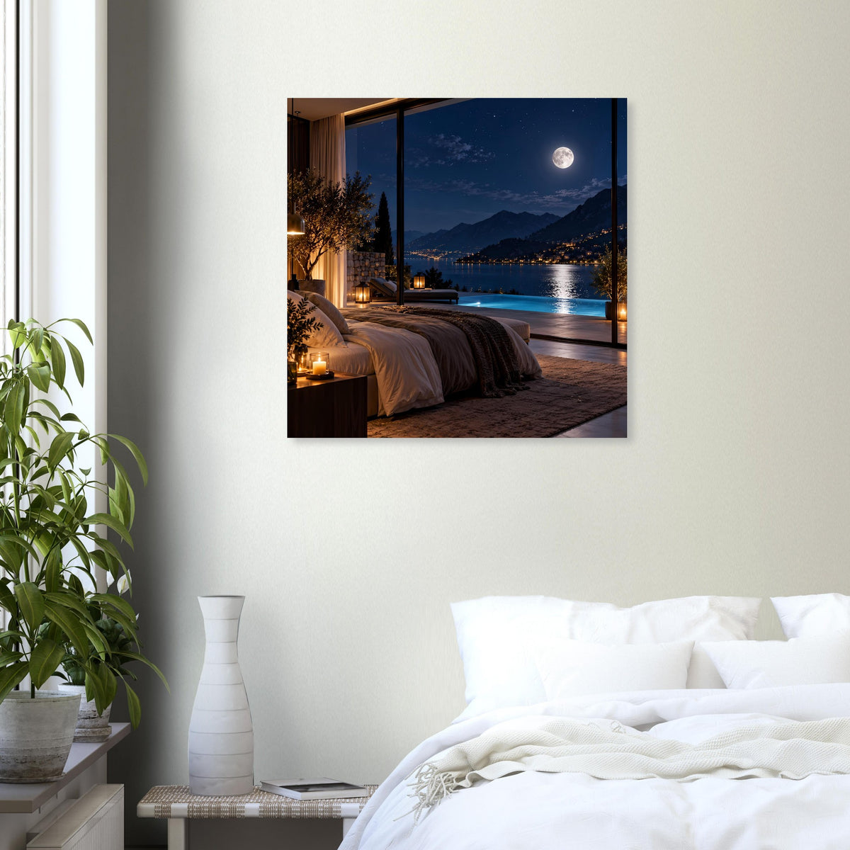 Poster mit nächtlicher Küstenlandschaft: Mond am Himmel, offene Tür zur Terrasse