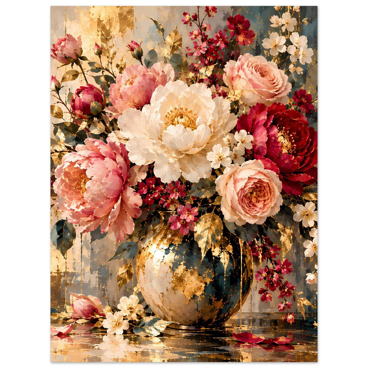 Blumenposter im Querformat: große Blüten in Vase, mit roten und rosafarbenen Akzenten