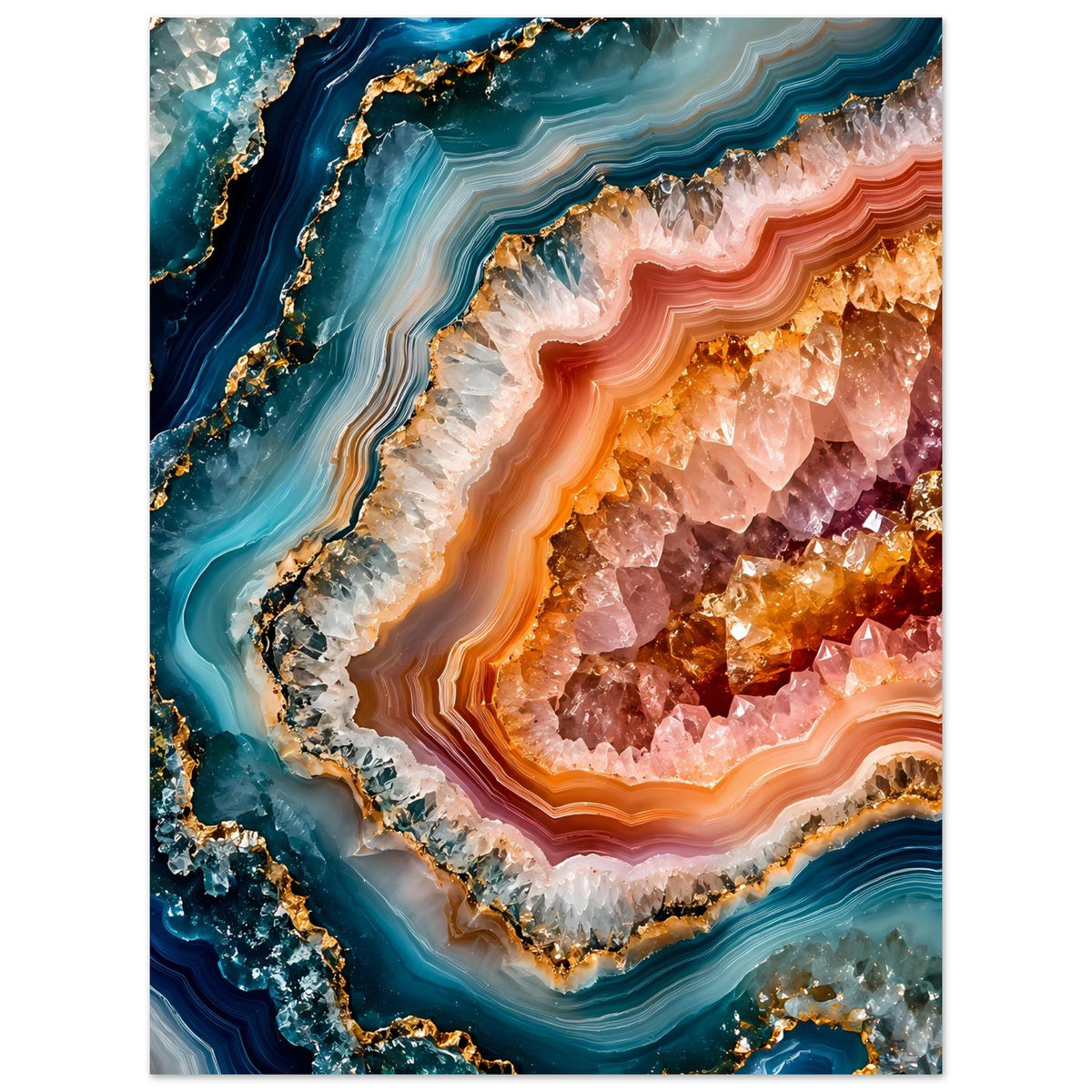 Abstraktes Geoden-Poster mit Kristallstruktur in Blau, Orange und Gold