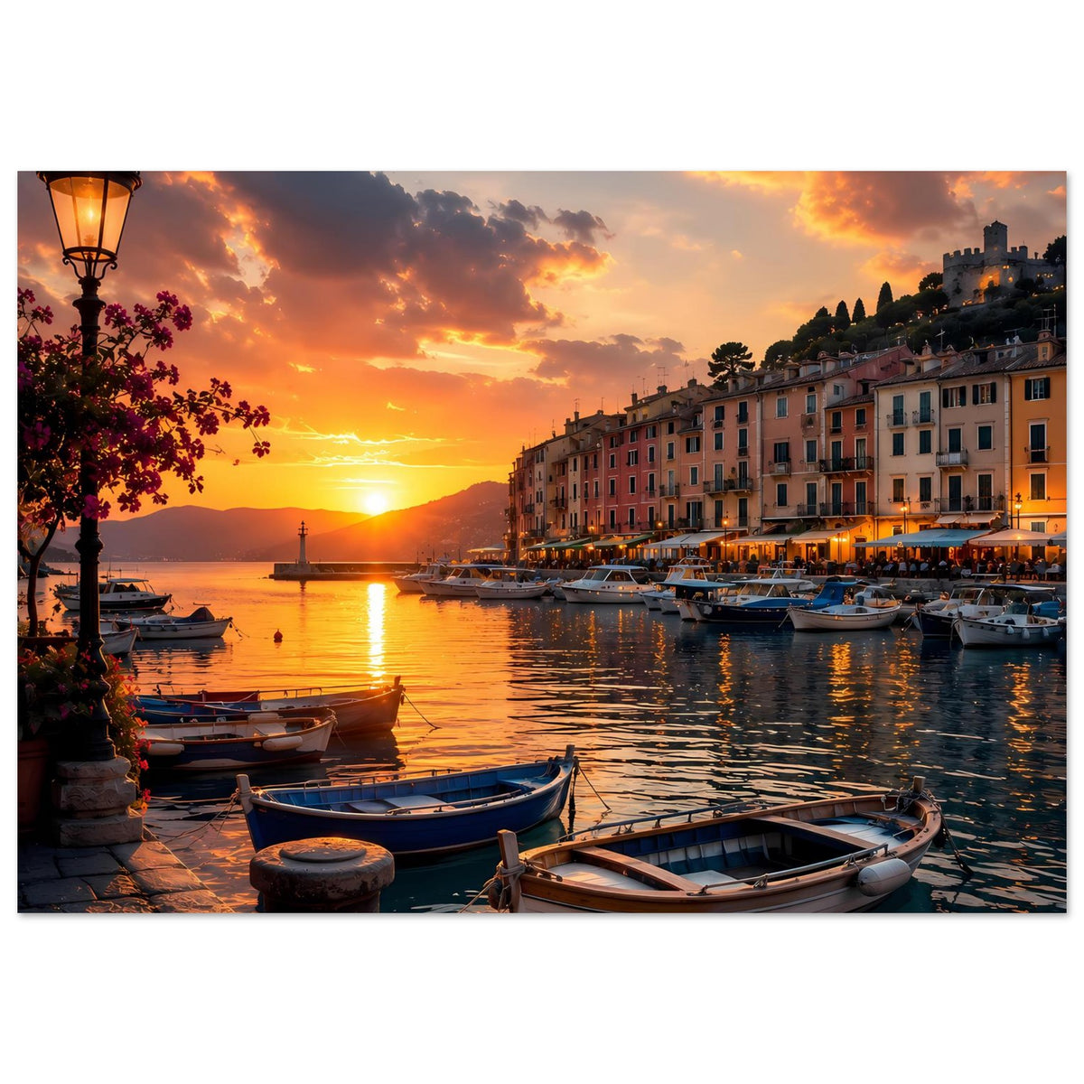 Poster mit Sonnenuntergang am Hafen, Boote im Vordergrund, Häuserfront und Laterne links.