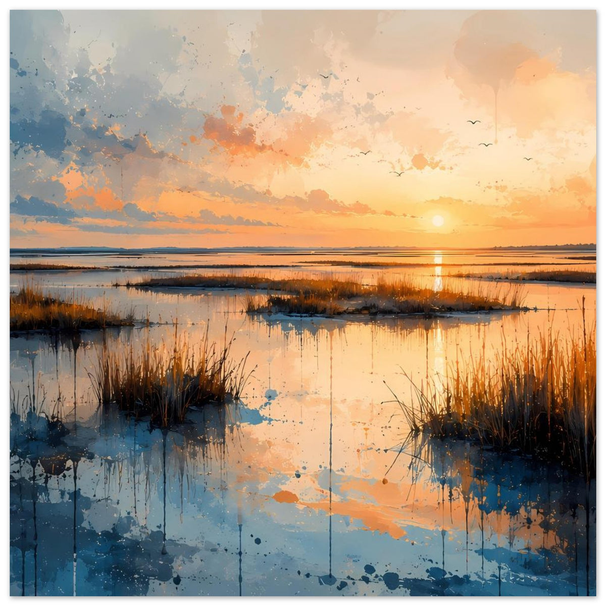 Malerisches Poster mit Sonnenuntergang über stiller Küste, ruhiges Wasser, Schilf und kleine Vögel.