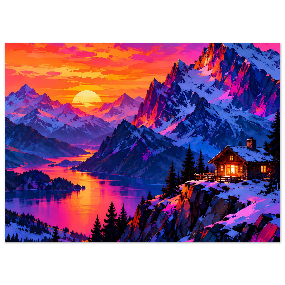 Horizontales Poster mit leuchtendem Sonnenuntergang über Bergsee, Schneeberge und Haus rechts.