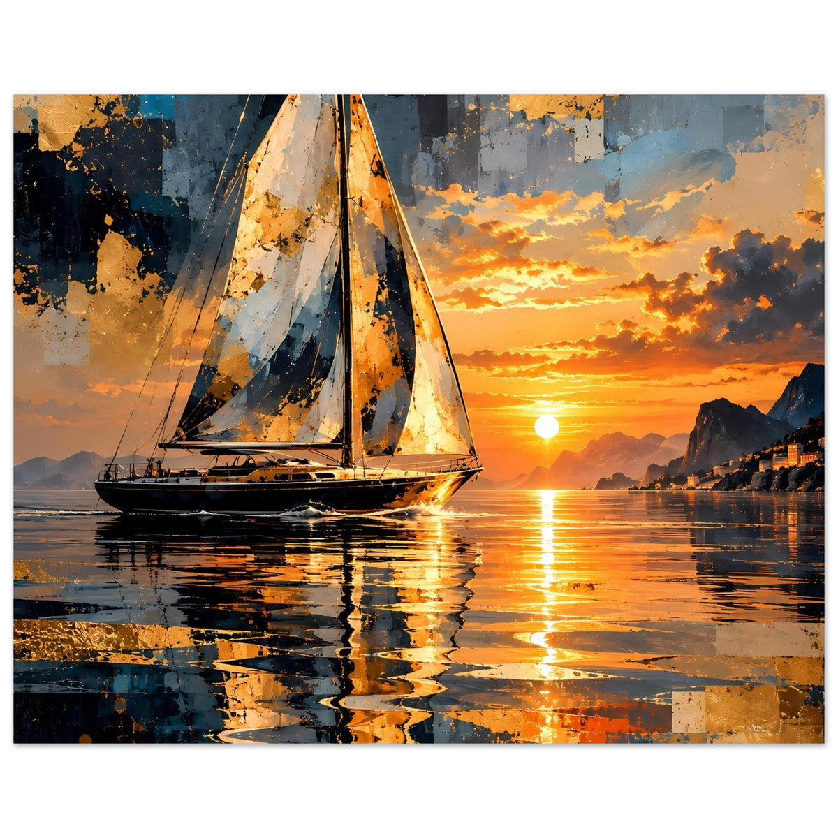 Abstraktes Segelboot-Poster im Querformat: orange Sonne, Wolken und Wasserreflexe.