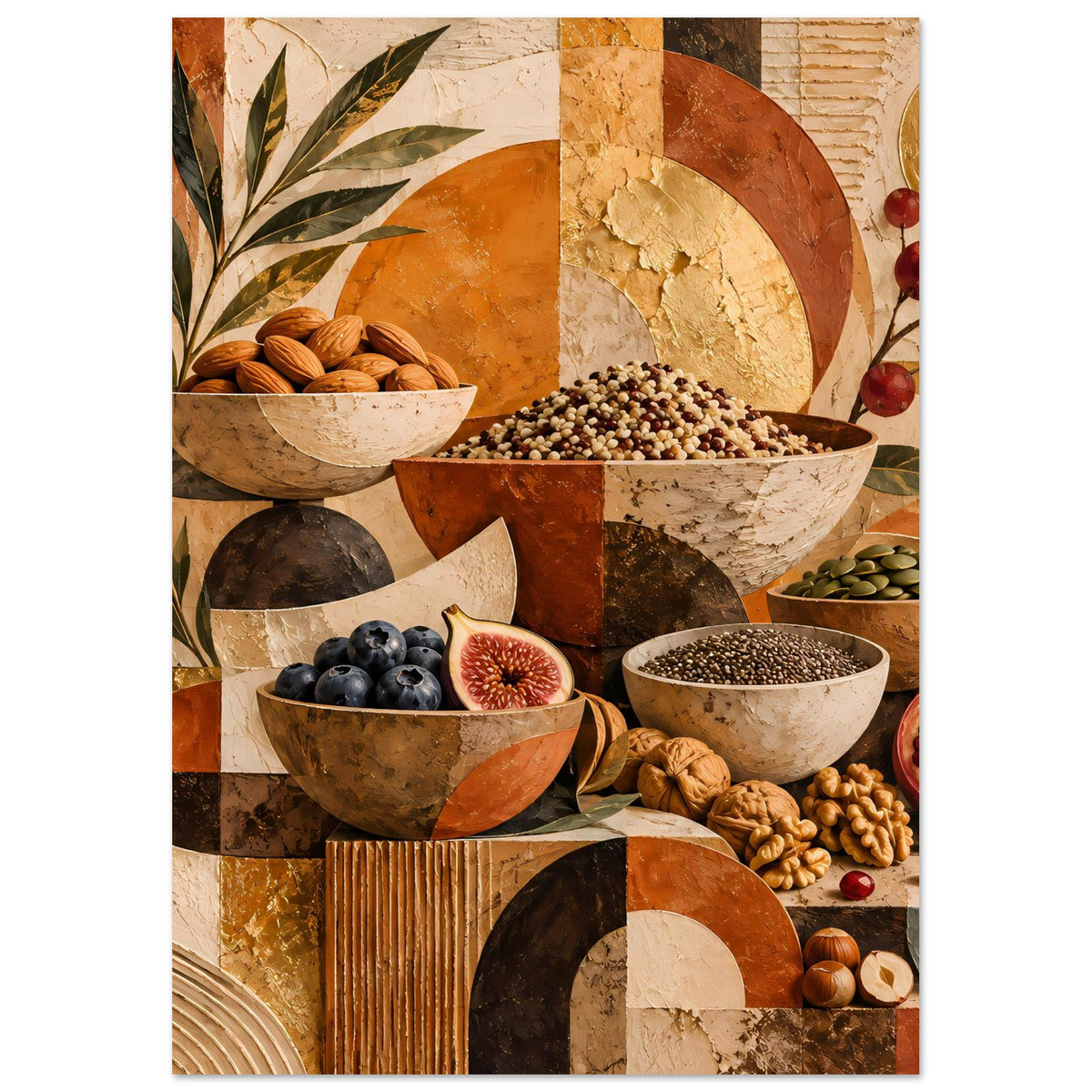 Poster mit rustikalem Stillleben: Schalen mit Nüssen, Beeren und Kräutern, warmes Farbspiel